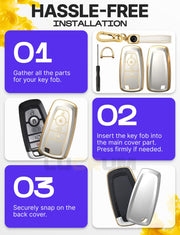 Lucrum Compatible with Ford Key Fob Cover & Keychain | Fits Bronco, Explorer, Edge, Escape, Expedition, Fusion, Mustang, 4 Buttons Keyfob Case (2017-2026) - White and Gold