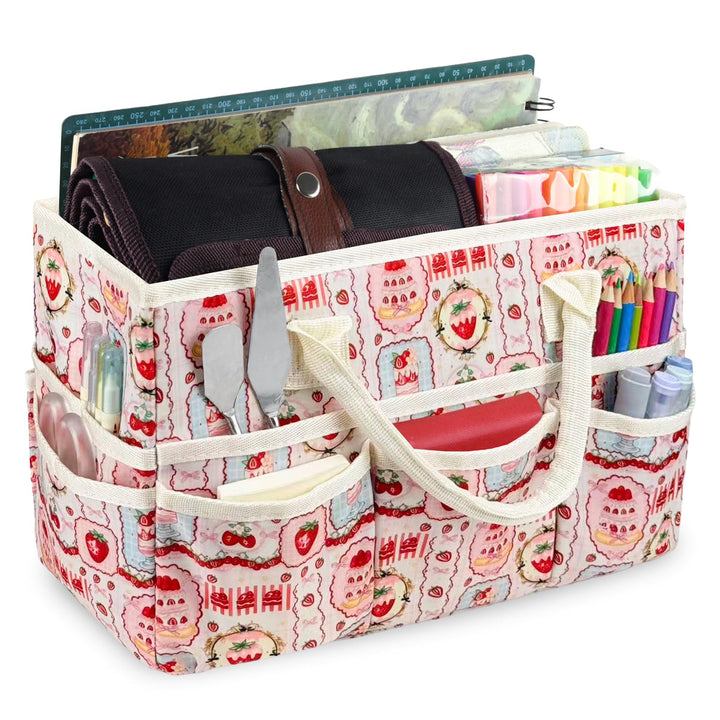 Craft Organizer Tote Bag with Multiple Pockets,Scrapbooking Art Storage | Portable Handle,Large Capacity Storage Caddy for Art,Craft,Journal,Sewing,Make-up,Medical,and Office Supplies.strawberry grid