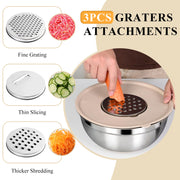 Mixing Bowls with Airtight Lids Set, Non-Slip Silicone Bottoms, Khaki | Stainless Steel 6 Bowls(4.5QT,4QT,3.5QT,2.1QT,1.5QT,1.1QT), 3 Grater Attachments for Baking Serving