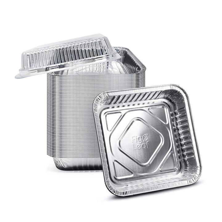 Fig & Leaf (35 Pack) 8” x 8” Square Baking Cake Pans with Plastic Dome Lids | Heavy Duty l Disposable Aluminum Foil Tins l Portable Food Containers l Perfect for Roasting Oven Toaster Cooking