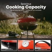GasOne 14-inch Portable Charcoal Barbecue Grill with Thermometer – Red | 3-Point Locking Lid for Heat Preservation – Dual Venting System – Small Charcoal Grill for Backyard, Camping, Boat