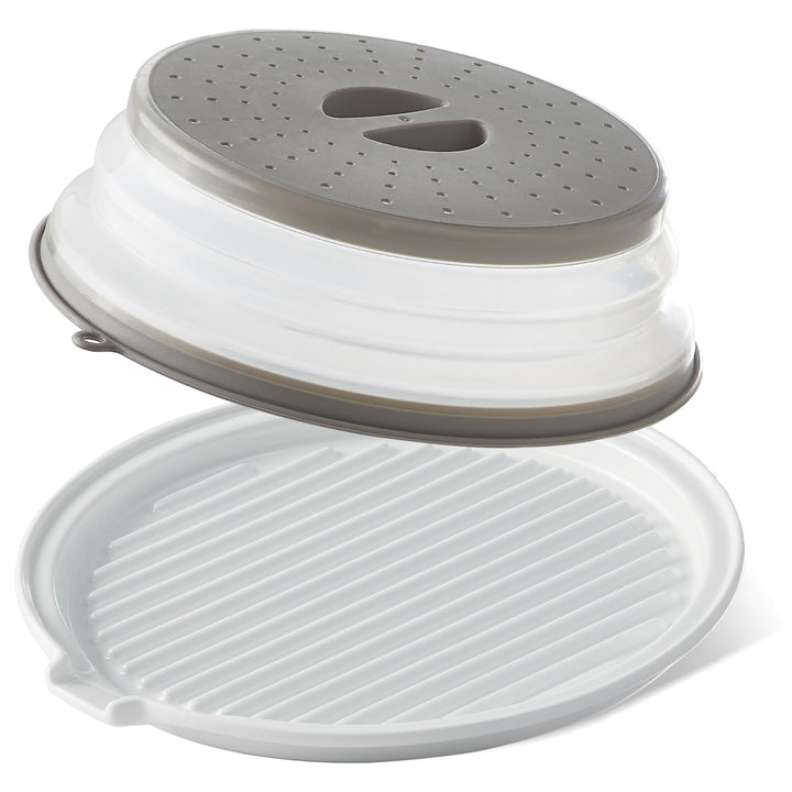 ONEMORE Microwave Bacon Tray with Lid Ceramic Bacon Cooker Meat Rack for Oven Cooking Crispy Bacon Maker with Cover - 11 inch Round Bacon Dish Plate, White