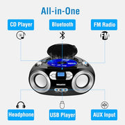 MEGATEK Portable CD Player Boombox with Bluetooth & FM Radio – Black | USB Playback, Clear Stereo Sound, AUX Input, Headphone Jack, CD-R/RW & MP3-CD Support, LCD Display, AC/Battery Powered