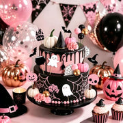 30Pcs Happy Halloween Cake Toppers & Cupcake Toppers for Birthday Party | Pink Halloween Cake Decorations Set with Mini Pumpkins, Witch Hat, Cauldron, Ghost, Flowers and Trees