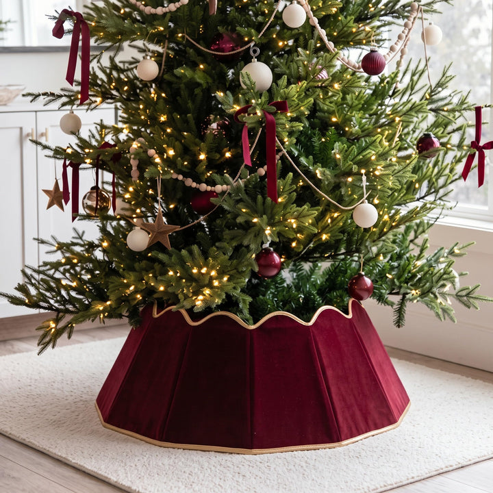 Foldable Velvet Christmas Tree Collar with Scalloped Edge, Burgundy, 28'' | Vintage Burgundy Tree Skirt, Velvet Christmas Tree Base Cover, Home Decor for Xmas Winter Holiday Party