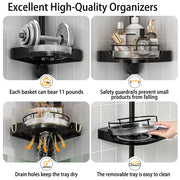 shuang qing 360° Rotating Corner Shower Caddy Tension Pole Organizer, Black | 4-Tier rotating shelves with hooks, adjustable tray height, upgraded rustproof metal pole, removable trays for shower storage