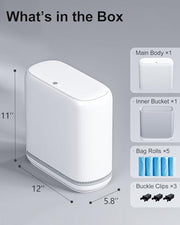 Purexa 2.3 Gallon Slim Small Bathroom Trash Can with Lid, White Dog Proof Garbage Can with Air-Press Bag Expander & Removable Bucket, Narrow Bathroom Waste Basket for Bedroom, Office, Dorm