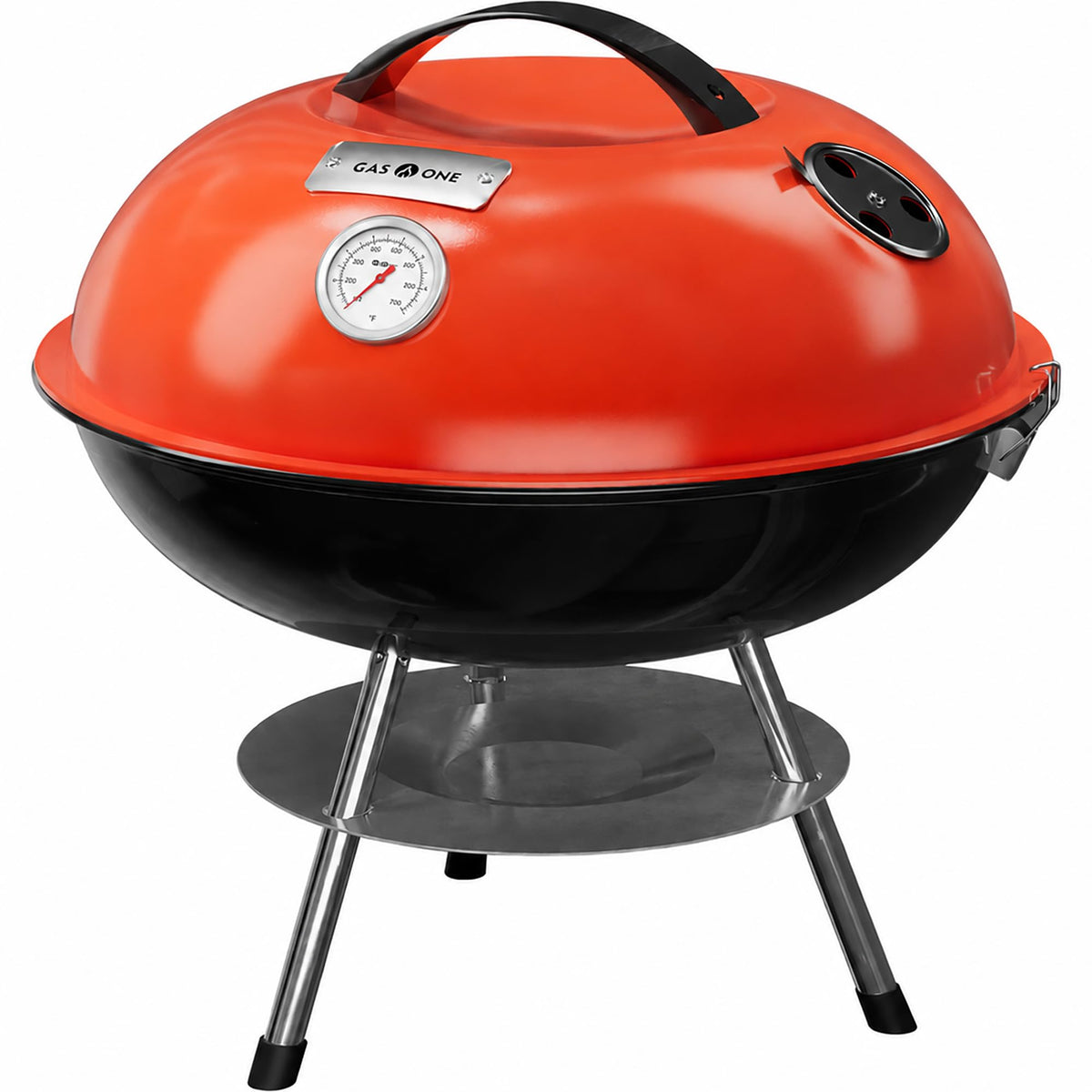 GasOne 14-inch Portable Charcoal Barbecue Grill with Thermometer – Red | 3-Point Locking Lid for Heat Preservation – Dual Venting System – Small Charcoal Grill for Backyard, Camping, Boat