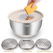 Wildone Mixing Bowls with Airtight Lids Set, 5PCS Stainless Steel Nesting Bowls with Grater Attachments & Non-Slip Bottoms, Size 5, 3, 2, 1.5, 0.63 QT, Great for Mixing & Serving, Khaki