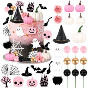 30Pcs Happy Halloween Cake Toppers & Cupcake Toppers for Birthday Party | Pink Halloween Cake Decorations Set with Mini Pumpkins, Witch Hat, Cauldron, Ghost, Flowers and Trees