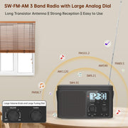 DreamSky AM FM Radio Portable Shortwave Radio Battery Powered/Plug in Wall | for Home Outdoor, Strong Reception, Large Dial Easy to Use, Digital Time Display, Transistor Antenna, Seniors Small Gift