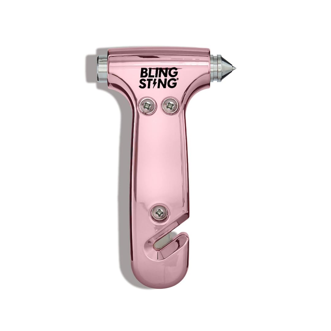 BLINGSTING Safety Hammer - Emergency Automotive Escape Tool with Window Breaker, Seat Belt Cutter & Adjustable Car Visor Strap - Tempered Glass Breaker - Steel Blade - Blush Rose Pink (1 Count)