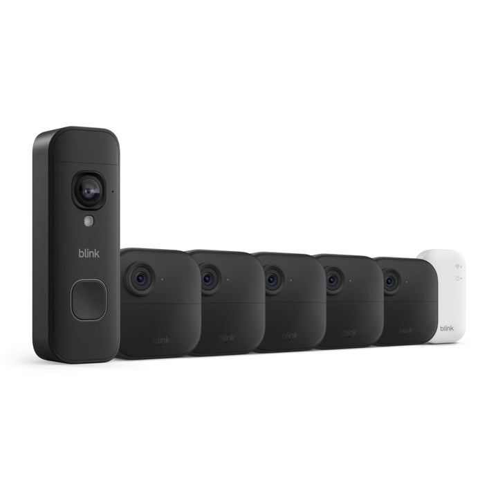 Blink Outdoor 4 and Battery Doorbell 2K+ (newest model) — Two-year battery 1080p cameras and 2K battery doorbell. Sync Module Core included — 5 Cameras + Doorbell (Black)