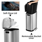 KdbK Kitchen Trash Can with Lid, 13 Gal Stainless Steel Pedal Garbage Can | 50L Fingerprint Pedal Trash Can with Removable Inner Bucket and Lid Soft Close, Rubbish Bin for Home Office, Silver