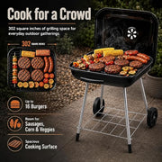 17.5-Inch Charcoal Kettle Grill with Wheels, 302 Sq In Grate | Porcelain-coated steel bowl, lid and grid with adjustable air dampers, rear wheels and bottom shelf for patio or tailgating.