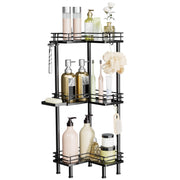 Consumest Corner Shower Caddy Standing - 3-Tier Stainless Steel Shower Organizer with Soap Holder and 4 Hooks, Large Capacity Corner Shelf Stand for Bathroom, Rest Room, Black