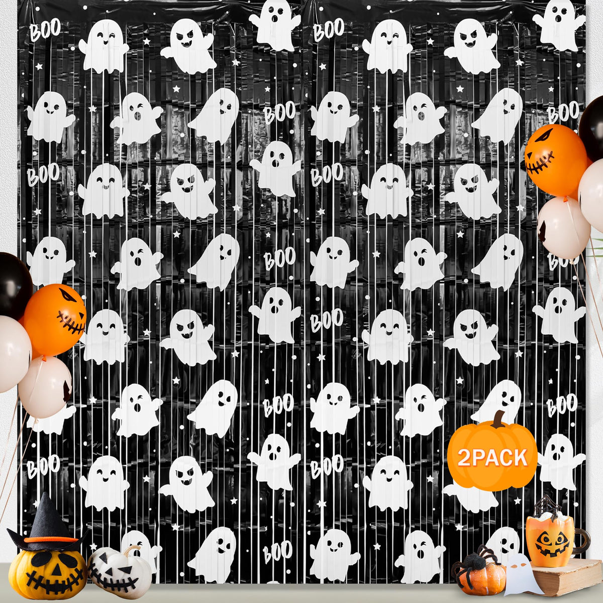2 Pack Halloween Fringe Curtains, Ghost Foil Tinsel Backdrop | Metallic Foil, 3.28 x 6.56 FT Halloween Tinsel Backdrop Photo Booth Props Streamer for Halloween Decorations