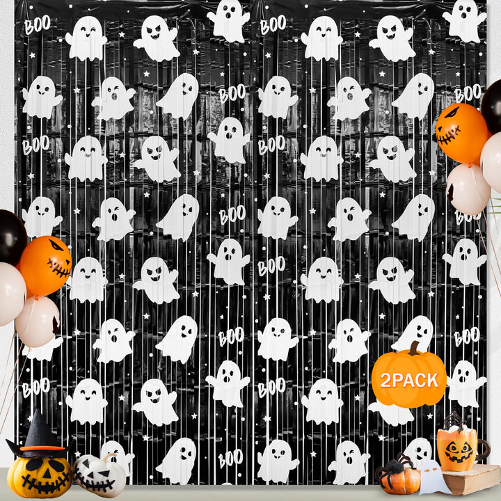 2 Pack Halloween Fringe Curtains, Ghost Foil Tinsel Backdrop | Metallic Foil, 3.28 x 6.56 FT Halloween Tinsel Backdrop Photo Booth Props Streamer for Halloween Decorations