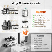 YASONIC Shower Caddy Adhesive, Rustproof Shower Organizer, Wall Shower Rack | Large Capacity Shower Shelves for Inside Shower, Shampoo Shower Holder, Black, 2 Caddies, 2 Soap Dishes, 1 Toothbrush Holder