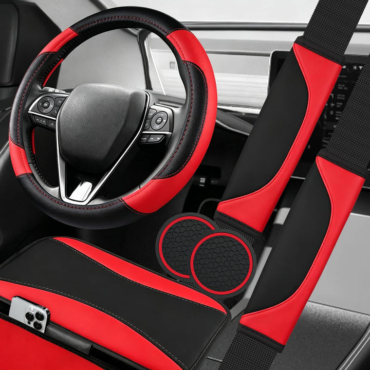 NBTEPEM 6 PCS Sport Red Steering Wheel Cover Set, Microfiber Leather Car Steering Wheel Cover 14.5-15inch Universal, Car Center Console Cover, Seat Belt Cushion, Cup Holder Coaster (Black-Red)
