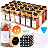 28PCS Spice Jars with Label, 4oz Glass Seasoning Containers with Bamboo Lid | Include 336 Waterproof Labels, Collapsible Funnel, Mark, Brush, Empty Spice Bottle for Cabinet Drawer Rack Organizer BPA-Free