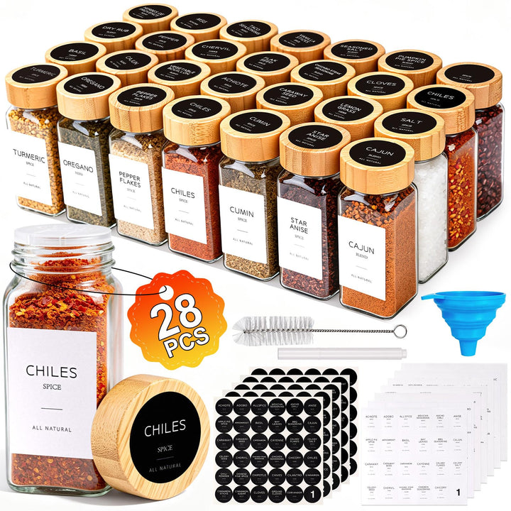 28PCS Spice Jars with Label, 4oz Glass Seasoning Containers with Bamboo Lid | Include 336 Waterproof Labels, Collapsible Funnel, Mark, Brush, Empty Spice Bottle for Cabinet Drawer Rack Organizer BPA-Free