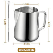 Milk Frothing Pitcher, 600ml (20oz) Milk Frother Cup Stainless Steel Jug Steaming Pitcher, Milk Coffee Cappuccino Latte Art Barista Steam Pitchers Milk Jug Cup with Decorating Pen