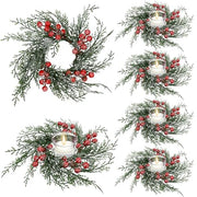 Serlvan 6 Pcs Christmas Candle Rings Wreath Artificial Candle Rings with Red Berry, Snowy Pine Garland Candle Ring Holder for Christmas Decorations Table Centerpiece