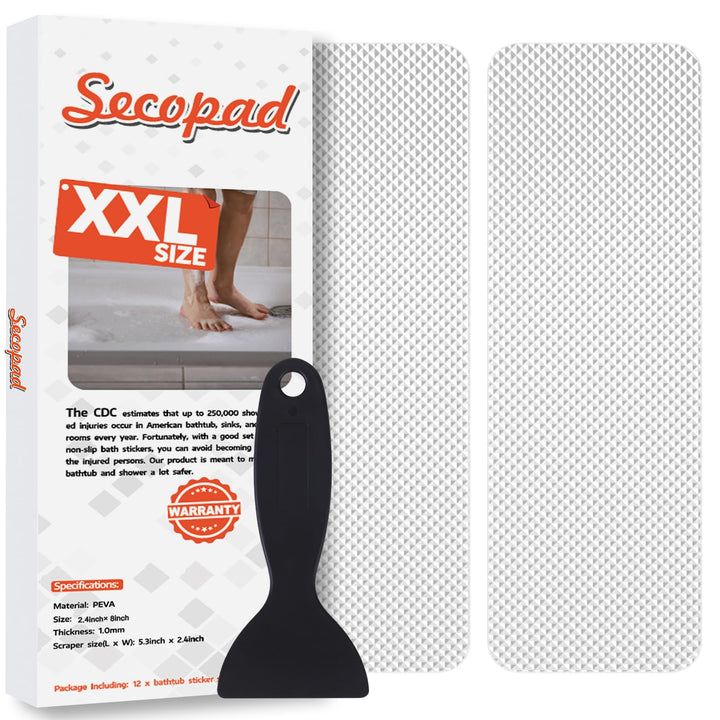Secopad 12PCS Strip Non Slip Bathtub Stickers with Scraper, 2.4*8in, Clear | Original XXL Extra-wide Anti-Slip Treads, Comfortable PEVA Material, Strong Adhesive, For Bath Tubs, Showers & Stairs