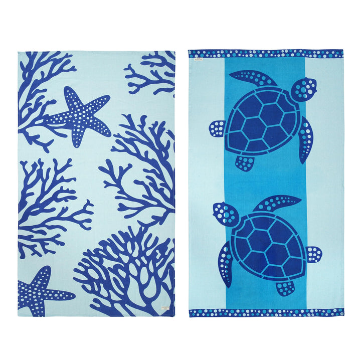 LANE LINEN Beach Towel 2 Pack, Super Absorbent, Pre-Washed - Turtle & Coral | Oversized Beach Towel 39"x71" - Lightweight Beach Essentials for Women - Large Pool Towel, Absorbent & Quick Dry, Pre-Washed