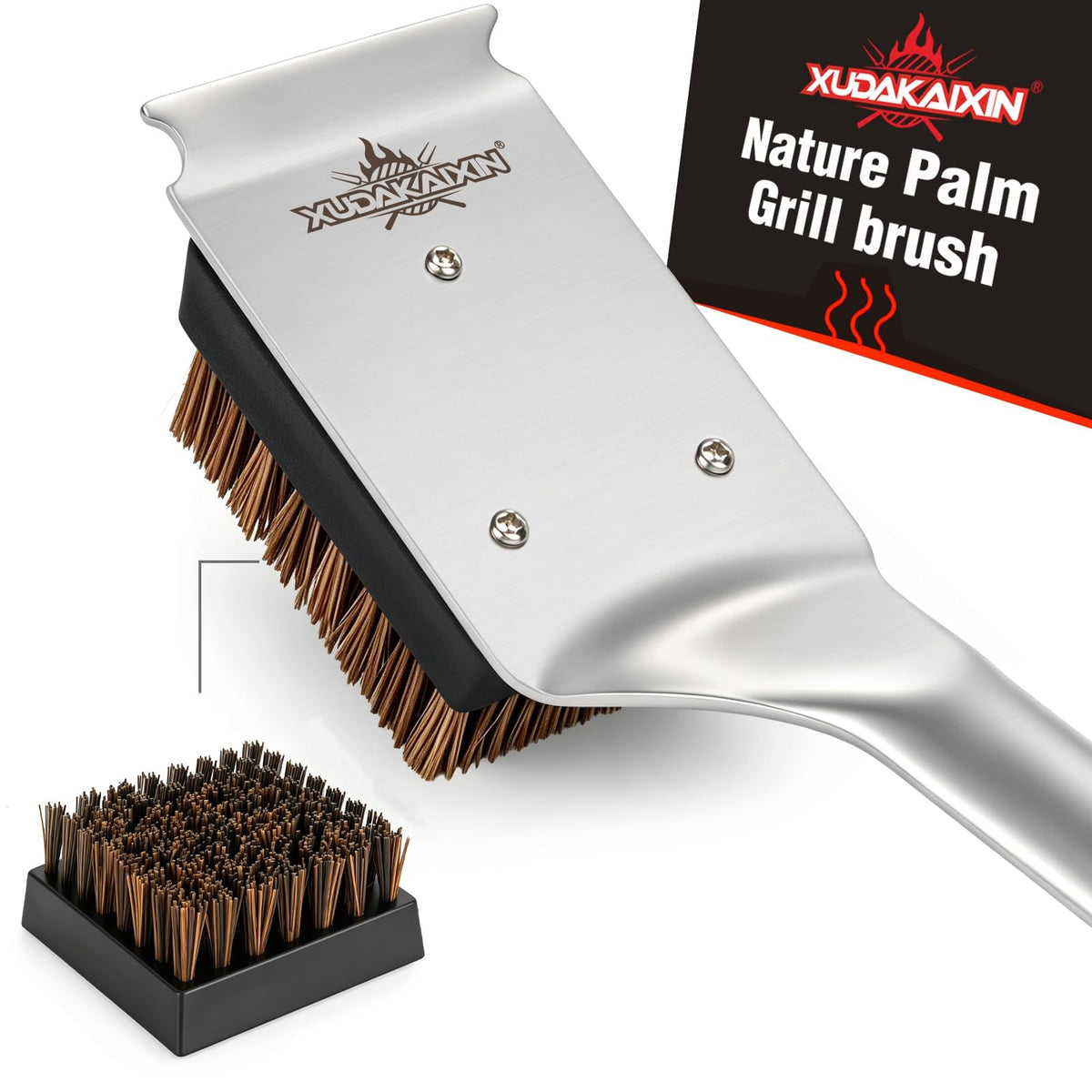 Natural Palm Grill Brush & Scraper Combo,No Metal Bristle Shedding | with Deluxe Ergonomic Handle–Heavy-Duty BBQ Cleaning Tool for Gas, Infrared, Charcoal, and Porcelain Grills