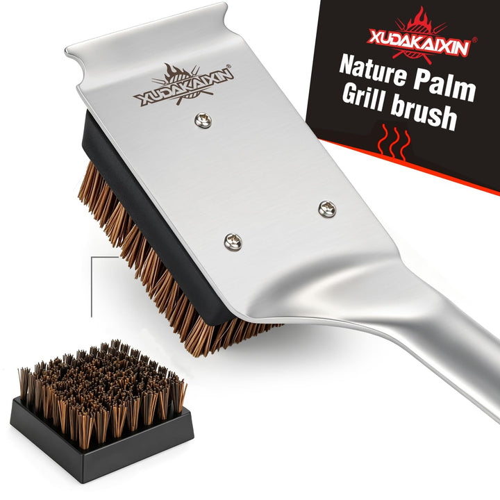 Natural Palm Grill Brush & Scraper Combo,No Metal Bristle Shedding | with Deluxe Ergonomic Handle–Heavy-Duty BBQ Cleaning Tool for Gas, Infrared, Charcoal, and Porcelain Grills
