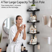 shuang qing 360° Rotating Corner Shower Caddy Tension Pole Organizer, Black | 4-Tier rotating shelves with hooks, adjustable tray height, upgraded rustproof metal pole, removable trays for shower storage