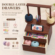 GloTika Wooden Yarn Holder with Double Drawer and 2 Magnetic Spindles | Handcrafted, Tangle-Free Spinning, Anti-Slip Weighted Base, Phone Stand, Easy Assembly, Gift for Knitters, Solid Build