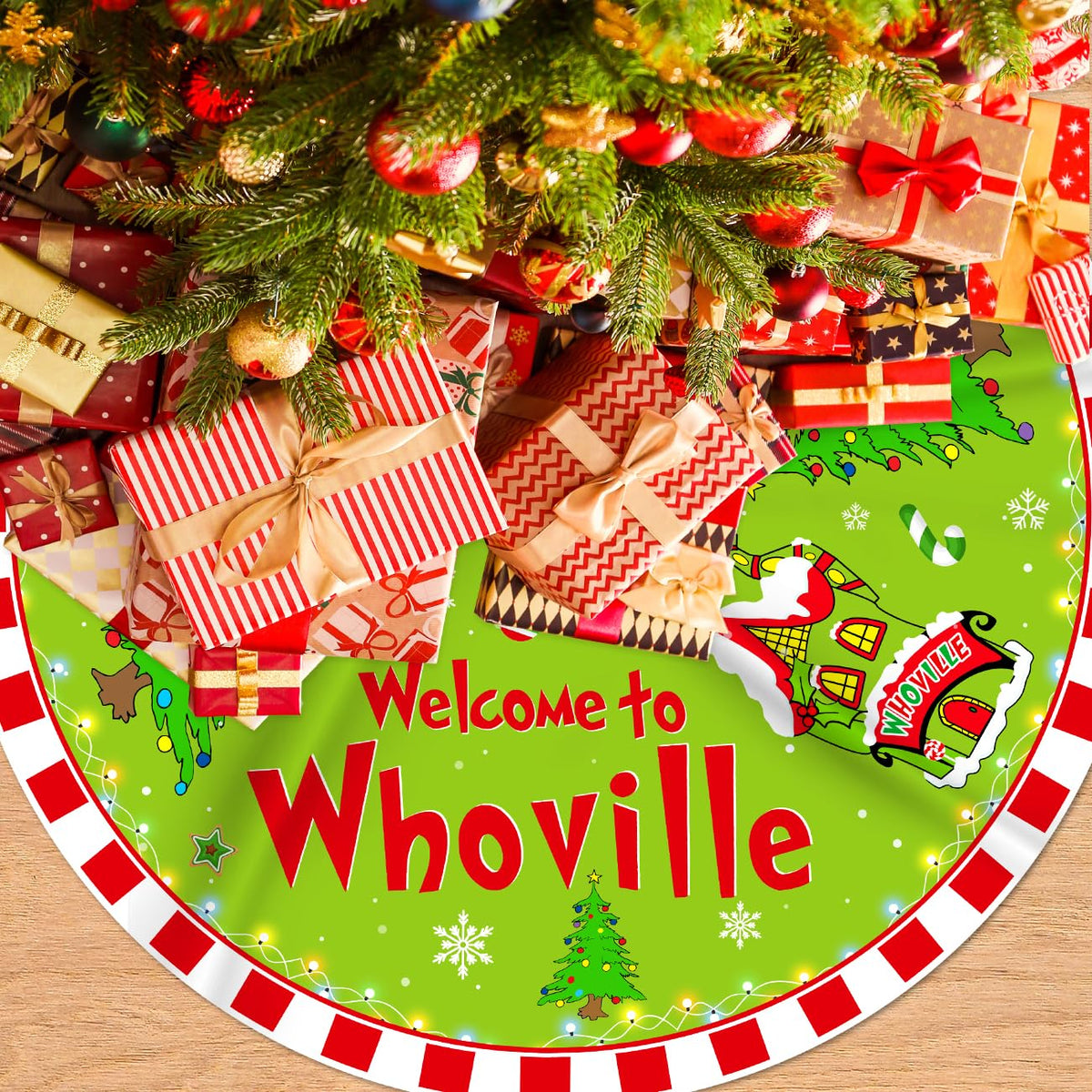 Christmas Tree Skirt Welcome to Tree Skirt 48 Inch | Red and Green Christmas Decorations Xmas Holiday Home Decor