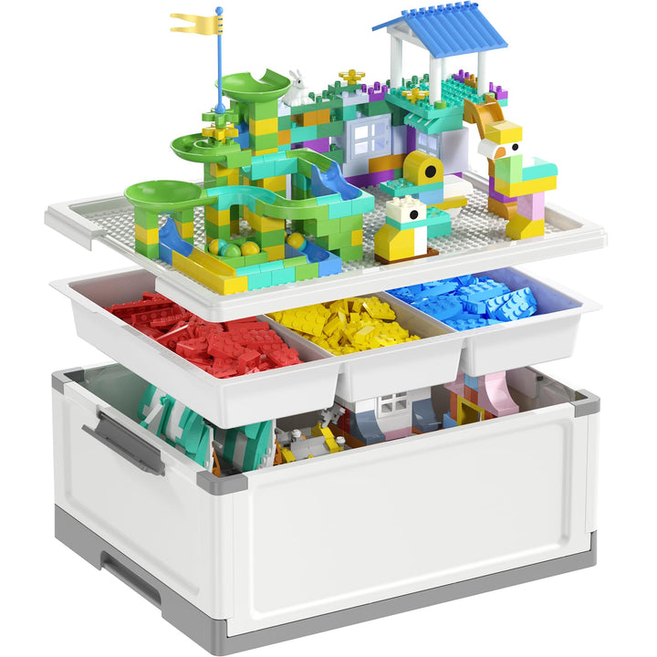 MLIKLU 17 QT Storage Box with Building Baseplate Lid and Removable Tray | Craft Organizers and Storage, Storage Bins for Bricks, Art Supplies, Double Layer, Large Capacity(White)