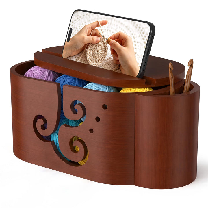 Wooden Yarn Bowl with Lid for Knitting & Crocheting | Large-Capacity Handmade Beech Wood Yarn Bowl with Detachable Magnetic Crochet Hook Holder for Knitters, Crocheters