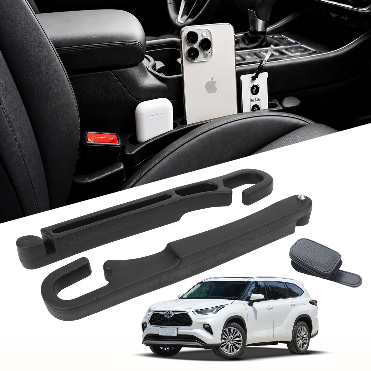 Orvifuly Car Seat Gap Filler 2 Pack for Toyota RAV4 & 4Runner | Fits Grand Highlander, Highlander & Sequoia; EVA gap organizer with emergency window breaker and 1 magnetic sunglasses holder