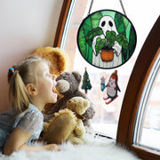 TNUW Halloween Ghost Plant Stained Glass Window Hanging, Ghost Halloween Sun Catchers Indoor Window Glass Round Wall Art Decor, Gifts for Plant Lovers Wall Hanging Decorations, 7.9＂x7.9＂