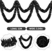 FOIMAS 33FT Black Tinsel Garland,Halloween Metallic Tinsel Garland Twisted Hanging Garland for Halloween Christmas Tree Fireplace Home Decoration