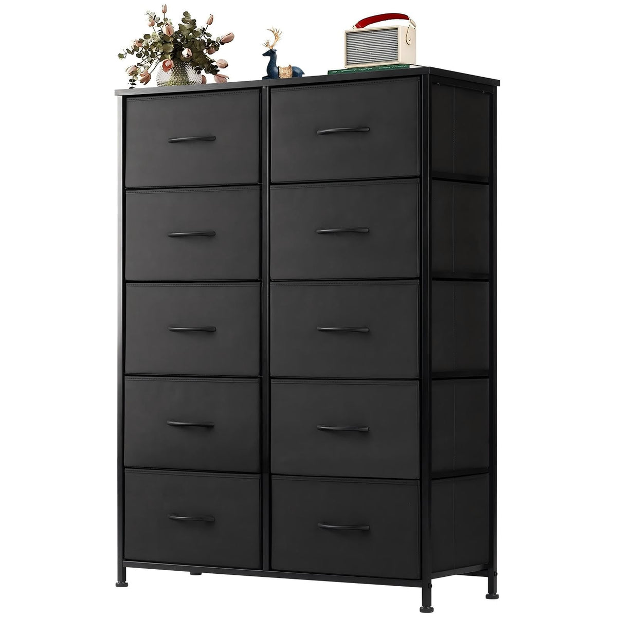 DUMOS 10 Drawer Tall Dresser for Bedroom & Living Room, Black | Fabric Storage Dresser Tower with Bins, Anti-Tip, Chest Organizer Unit, Steel Frame, Wood Top, Easy Pull Handle