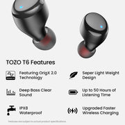 TOZO T6 Wireless Earbuds Bluetooth 5.3 Stereo Sound in Ear Headphones | OrigX Stereo Deep Bass, 40H Playtime, Lighter Ear buds, IPX8 Waterproof, wireless Charging Case, 32 EQs via APP Dark Black
