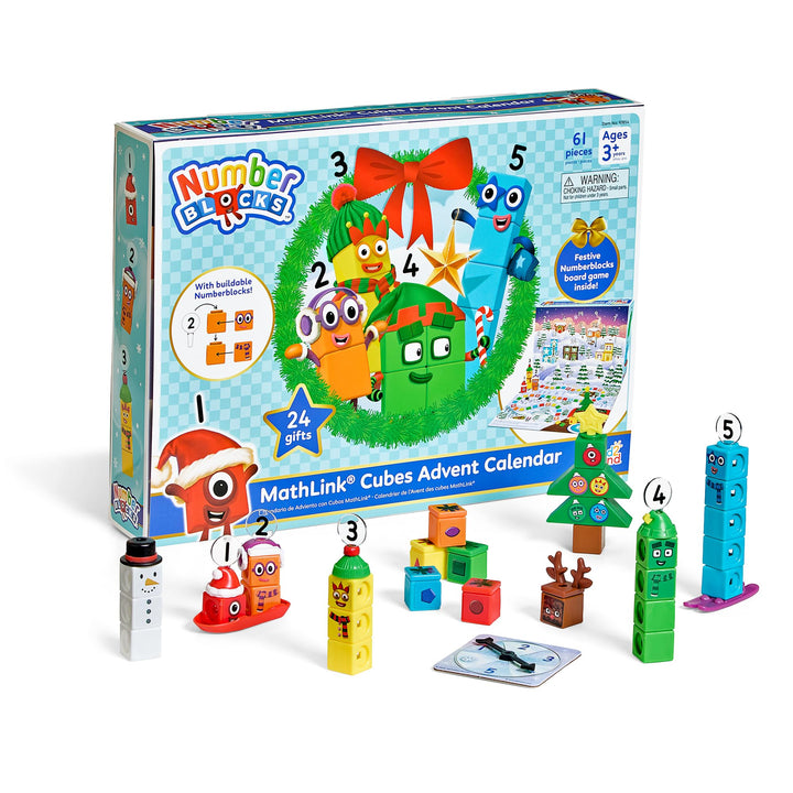 hand2mind Numberblocks MathLink Cubes Advent Calendar, 24 Days of Surprise Gifts and Themed Figures, Christmas Countdown Calendar with Build-in Game Board, Christmas Playset for Girls and Boys Ages 3+