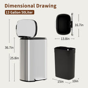 PayLessHere | 13G Trash Can with Lid | Steel | Removable Inner Bucket | Made of Stainless Steel | Soft-Close Step Pedal | Hands-Free Use | Easy to Clean | for Kitchen, Office, Bathroom