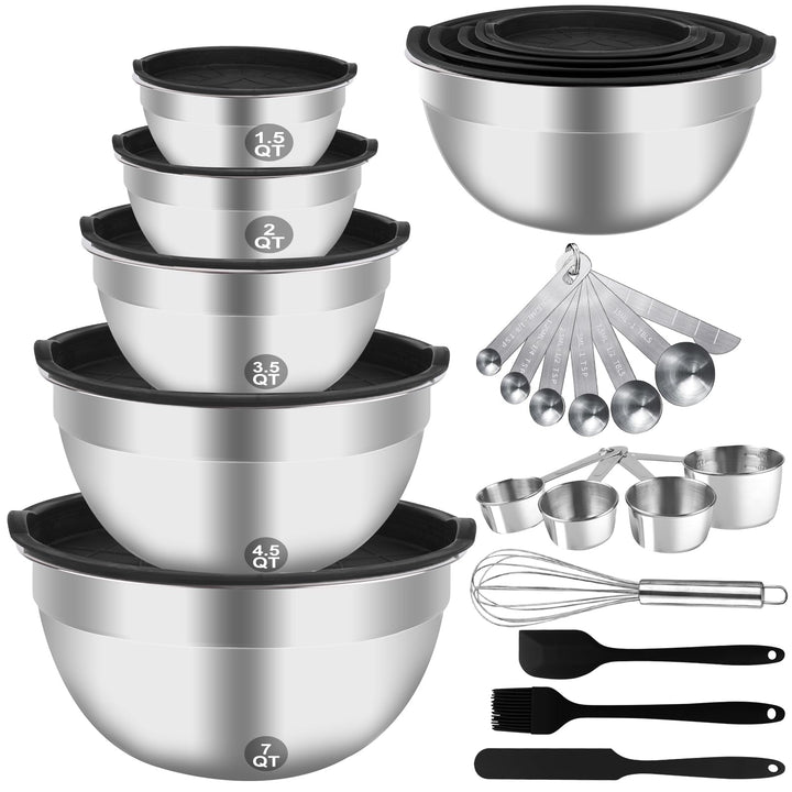 WEPSEN Mixing Bowls Set, 25PCS Stainless Steel Mixing Bowl with Lid Set, Large Nesting Bowls 7, 4.5, 3,2, 1.5QT, Measuring Cups and Spoons Baking Utensils Metal Bowl for Kitchen Prep