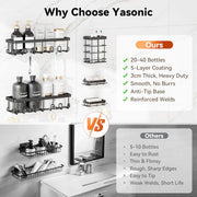 YASONIC Shower Caddy Adhesive, Rustproof Shower Organizer, Wall Shower Rack | Large Capacity Shower Shelves for Inside Shower, Shampoo Shower Holder, Black, 2 Caddies, 2 Soap Dishes, 1 Toothbrush Holder