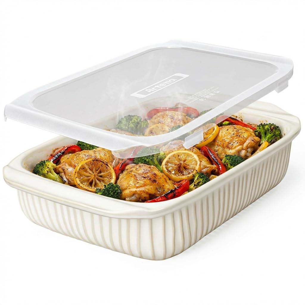 Artena Baking Dish 5.1 Quarts, Casserole Dishes For Oven, Baking Pan With Handles, Lasagna Pan Deep, Large Casserole Dish, Rectangular Ceramic Bakeware (White, With Lid)