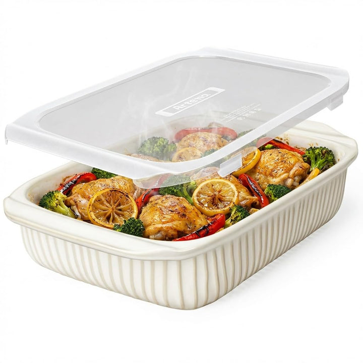 Artena Baking Dish 5.1 Quarts, Casserole Dishes For Oven, Baking Pan With Handles, Lasagna Pan Deep, Large Casserole Dish, Rectangular Ceramic Bakeware (White, With Lid)