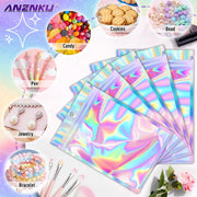 ANZNKU Holographic Bags 5x7 Mylar Bags Resealable 50PCS, Smell Proof Goodie Snack Candy Jewelry Gift Pouches for Small Business Party Favor Bead Storage, Small Plastic Baggies for Halloween Christmas