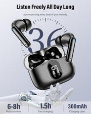 Wireless Earbuds, Bluetooth 5.4 Headphones Bass Stereo/Clear Calls, Black | Ear Buds with Noise Cancelling Mic LED Display in Ear Earphones IP7 Waterproof 36H Bluetooth Earbuds for Phones/Sport/Laptop